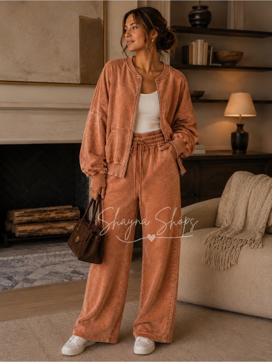 Zenana Outfitters Pants - Zenana Super Soft Fleece Wide-Leg Lounge Pant and Bomber Jacket Set- Rust